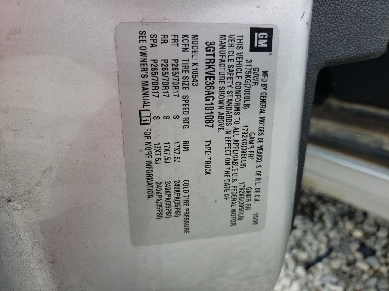 3GTRKVE36AG101087 2010 GMC Sierra K1500 Sle