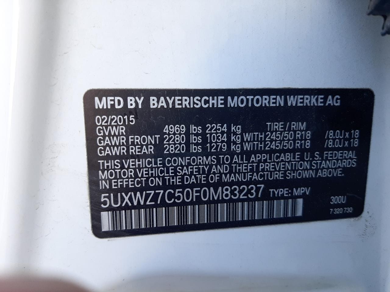 5UXWZ7C50F0M83237 2015 BMW X3 Sdrive28I