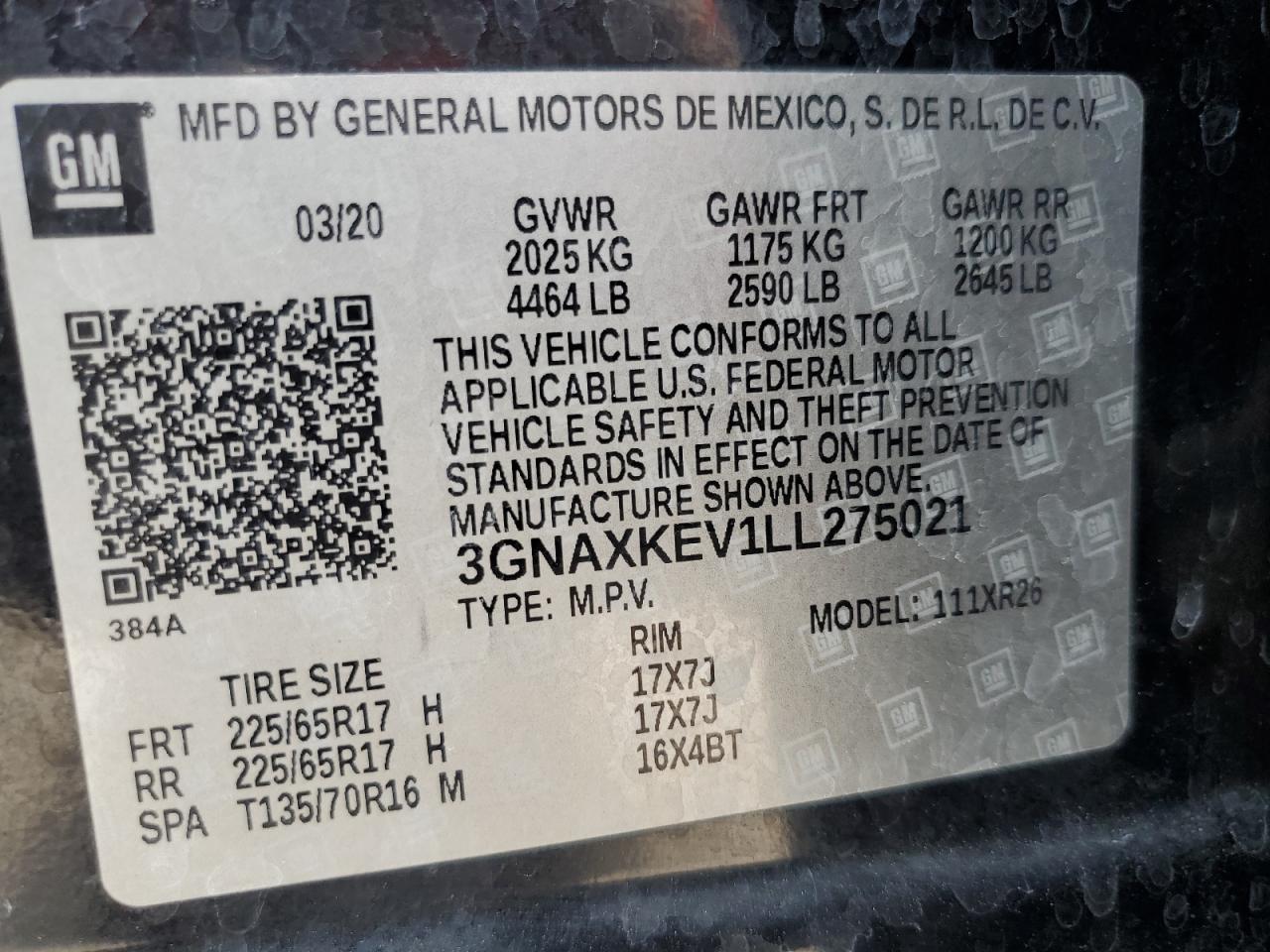 3GNAXKEV1LL275021 2020 Chevrolet Equinox Lt