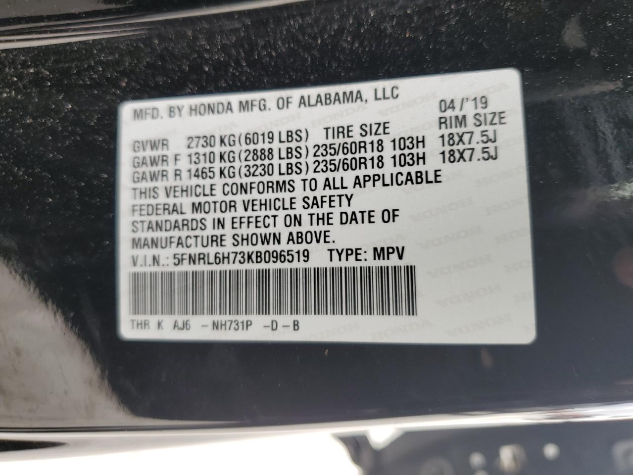 5FNRL6H73KB096519 2019 Honda Odyssey Exl