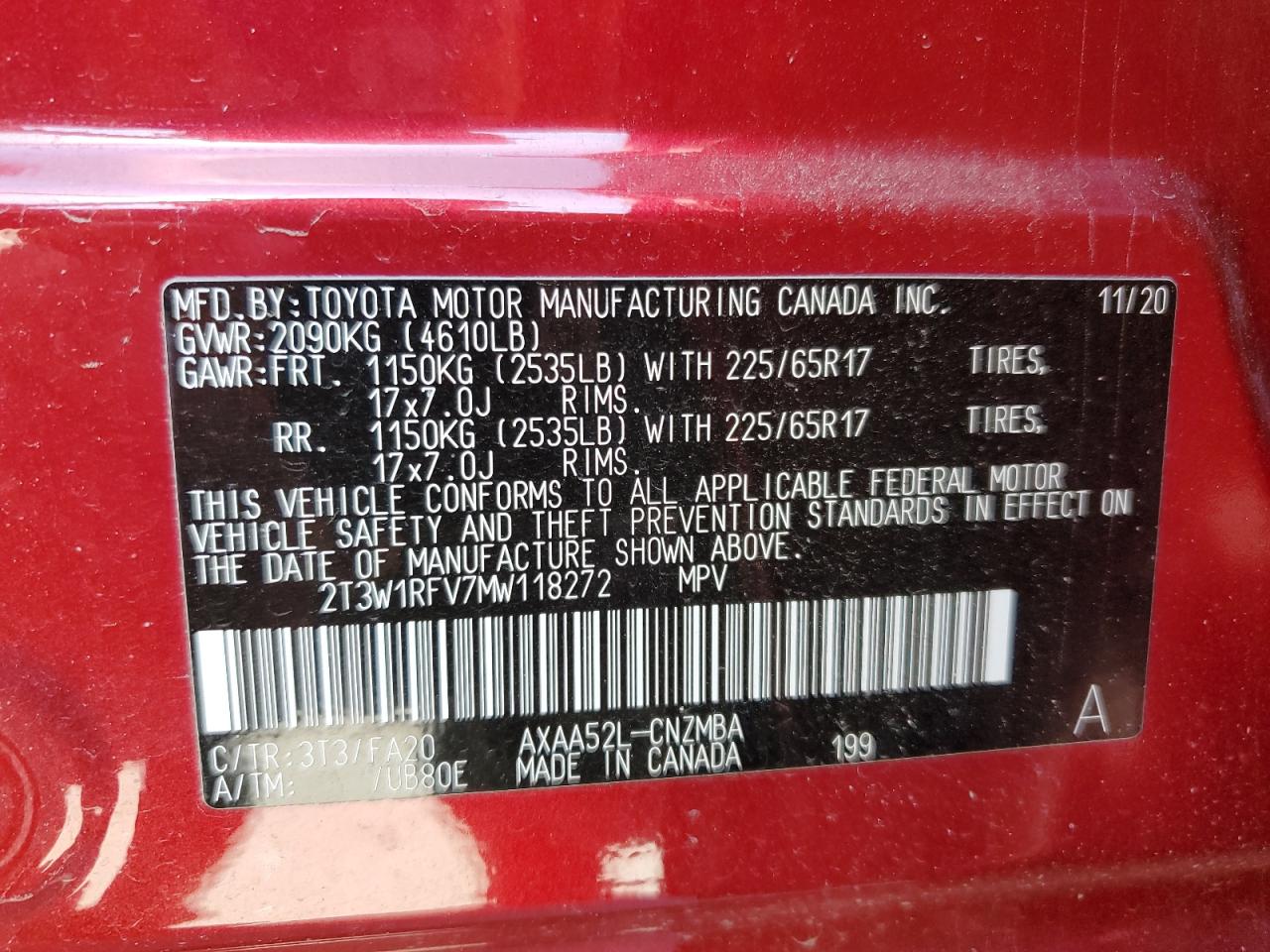 2T3W1RFV7MW118272 TOYOTA RAV4 2021