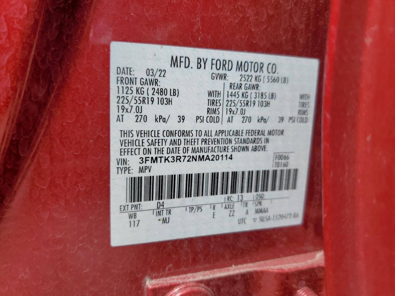 3FMTK3R72NMA20114 FORD MUSTANG 2022