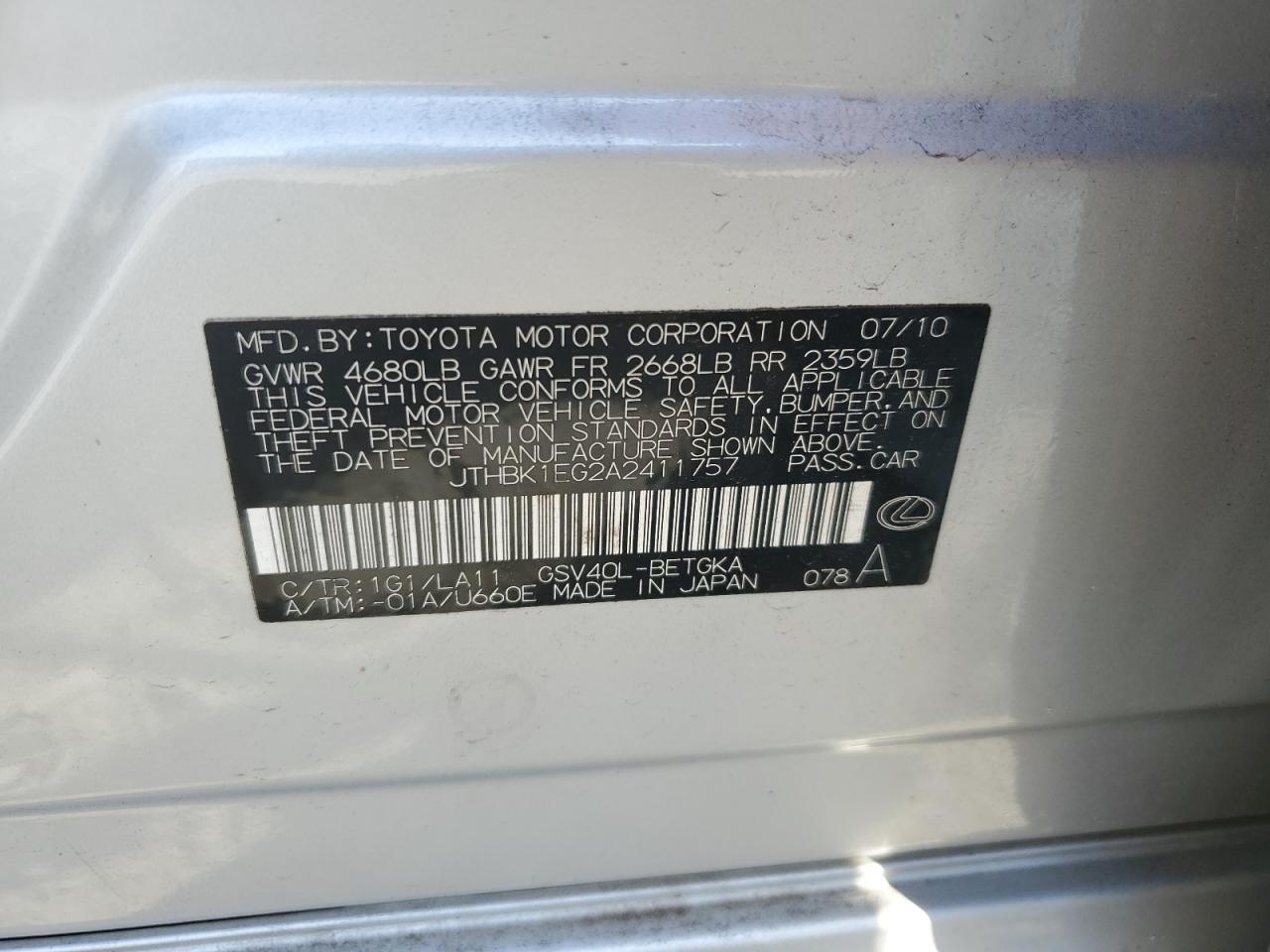 JTHBK1EG2A2411757 2010 Lexus Es 350