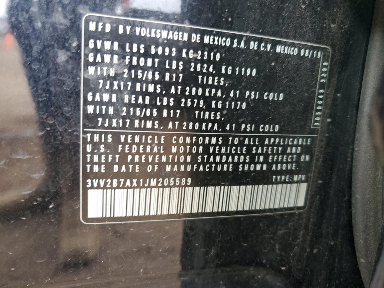 3VV2B7AX1JM205589 2018 Volkswagen Tiguan Se