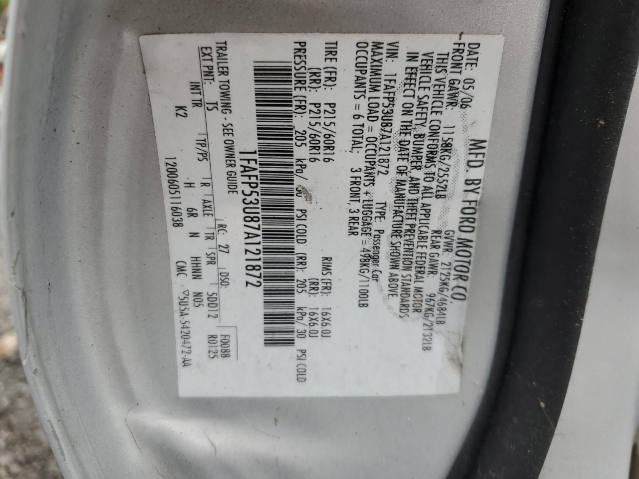 1FAFP53U87A121872 2007 Ford Taurus Se