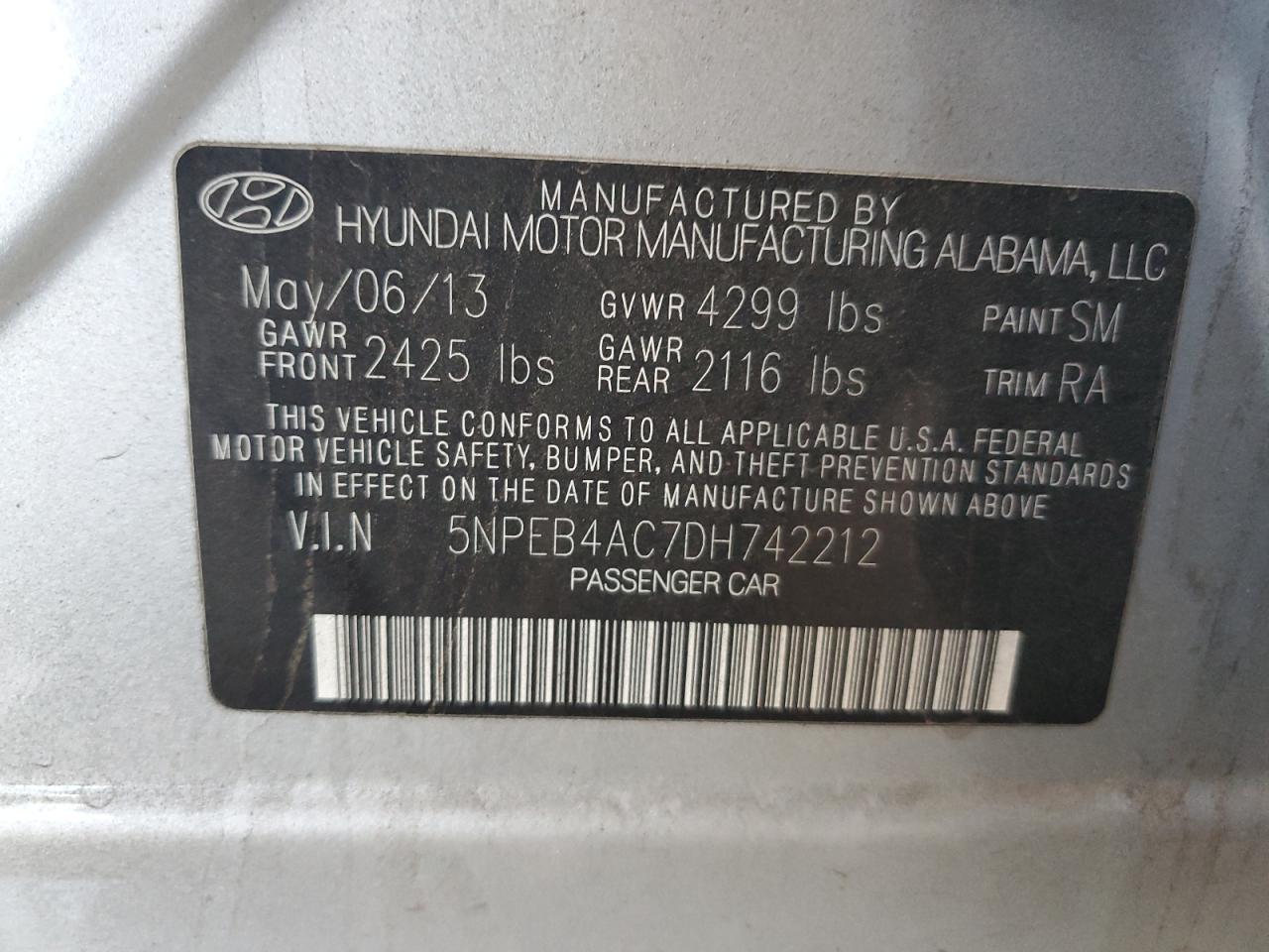 5NPEB4AC7DH742212 2013 Hyundai Sonata Gls
