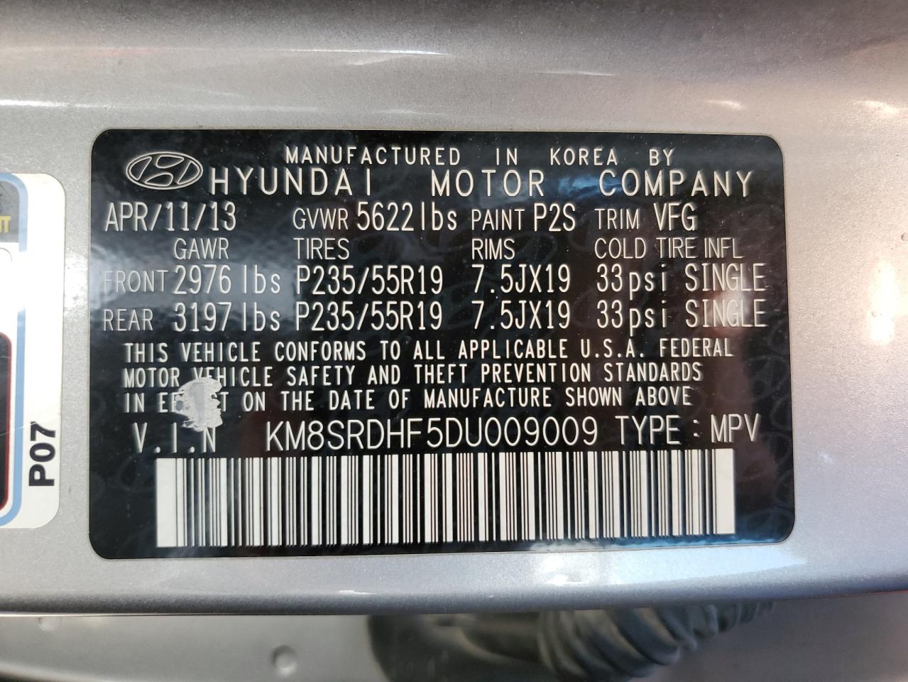 KM8SRDHF5DU009009 2013 Hyundai Santa Fe Limited