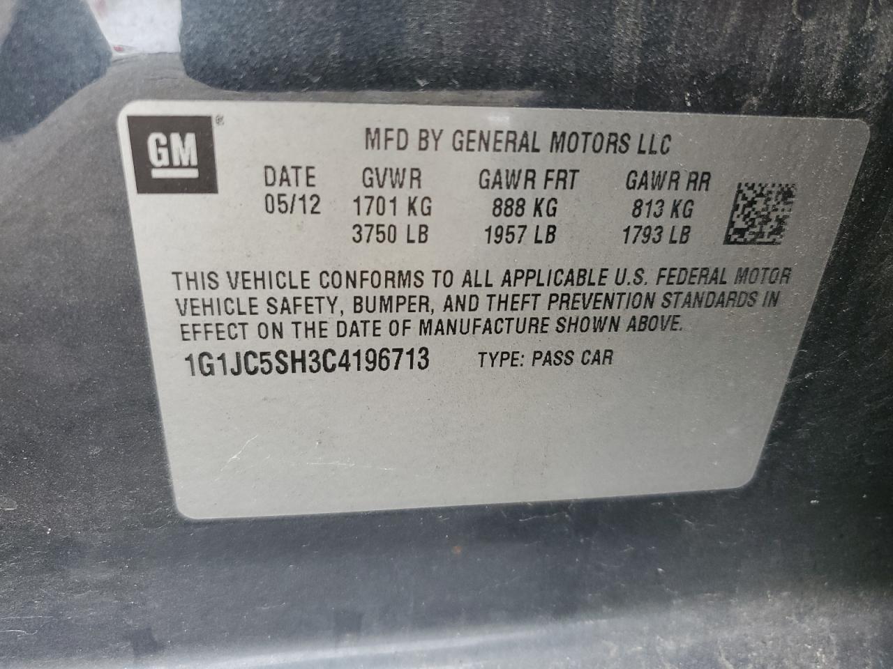 1G1JC5SH3C4196713 2012 Chevrolet Sonic Lt