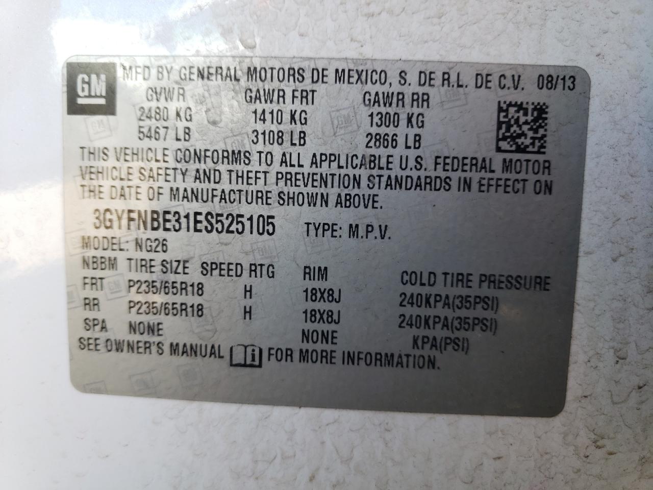 3GYFNBE31ES525105 2014 Cadillac Srx Luxury Collection