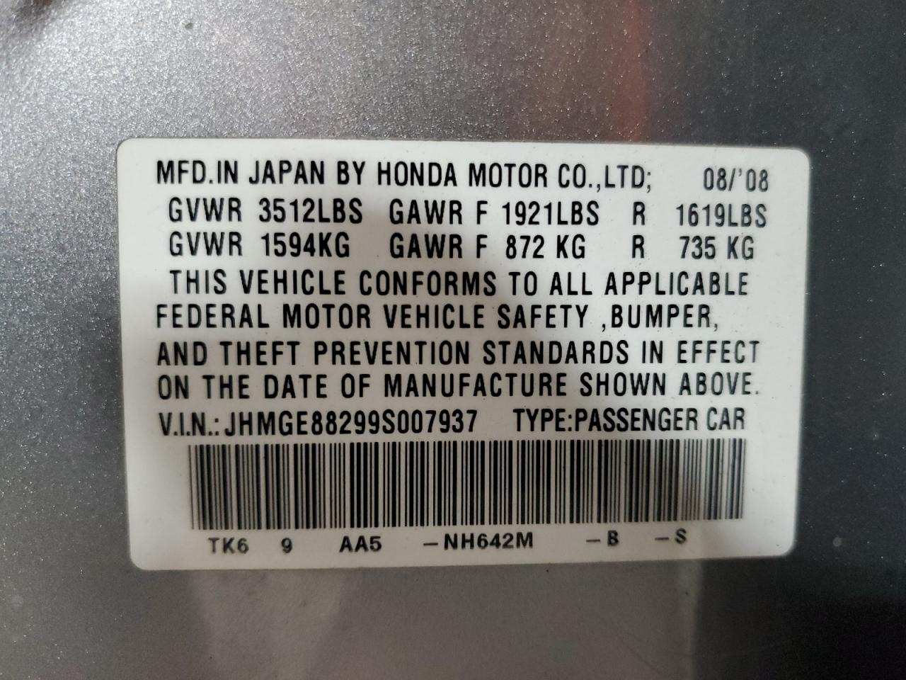 JHMGE88299S007937 2009 Honda Fit