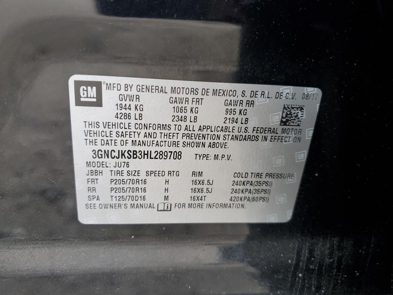 3GNCJKSB3HL289708 CHEVROLET TRAX 2017