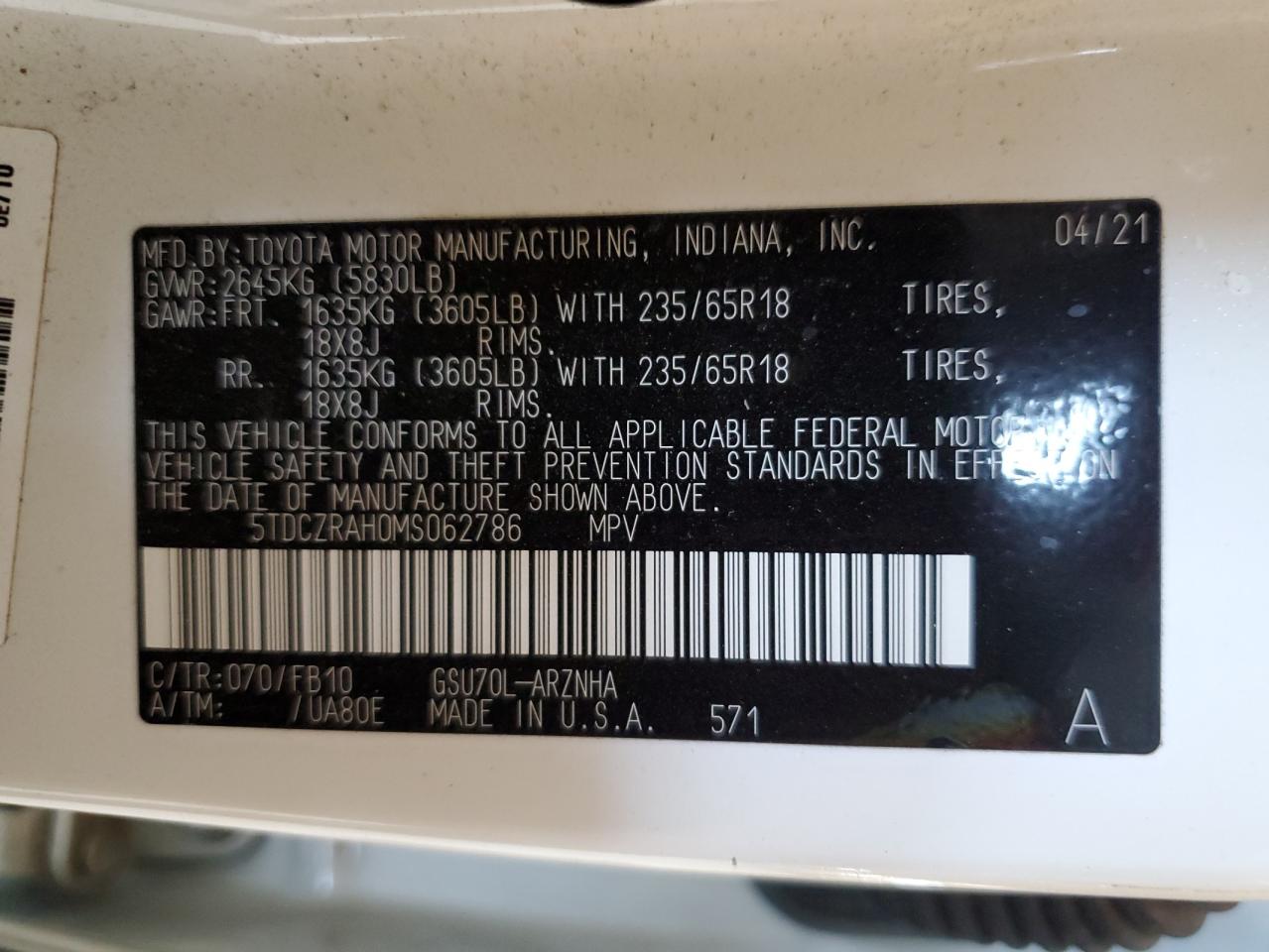 5TDCZRAH0MS062786 2021 Toyota Highlander L