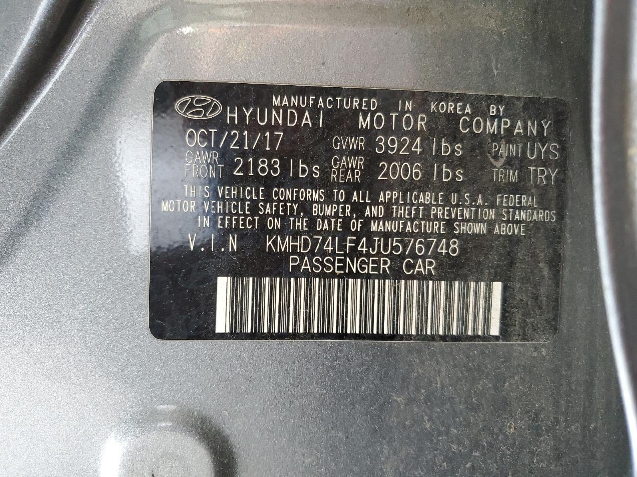 KMHD74LF4JU576748 2018 Hyundai Elantra Se