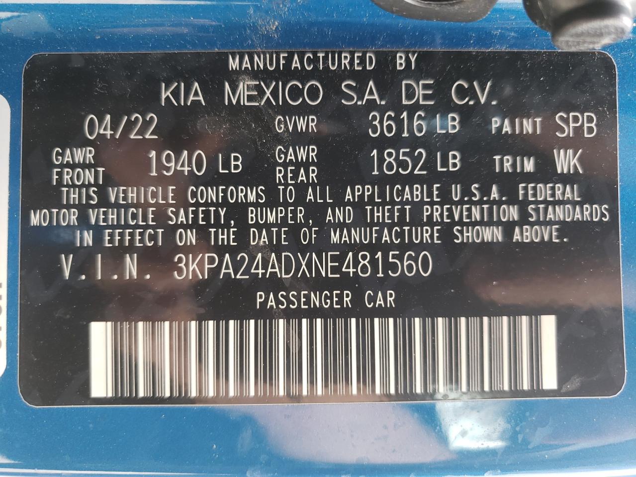 3KPA24ADXNE481560 2022 Kia Rio Lx