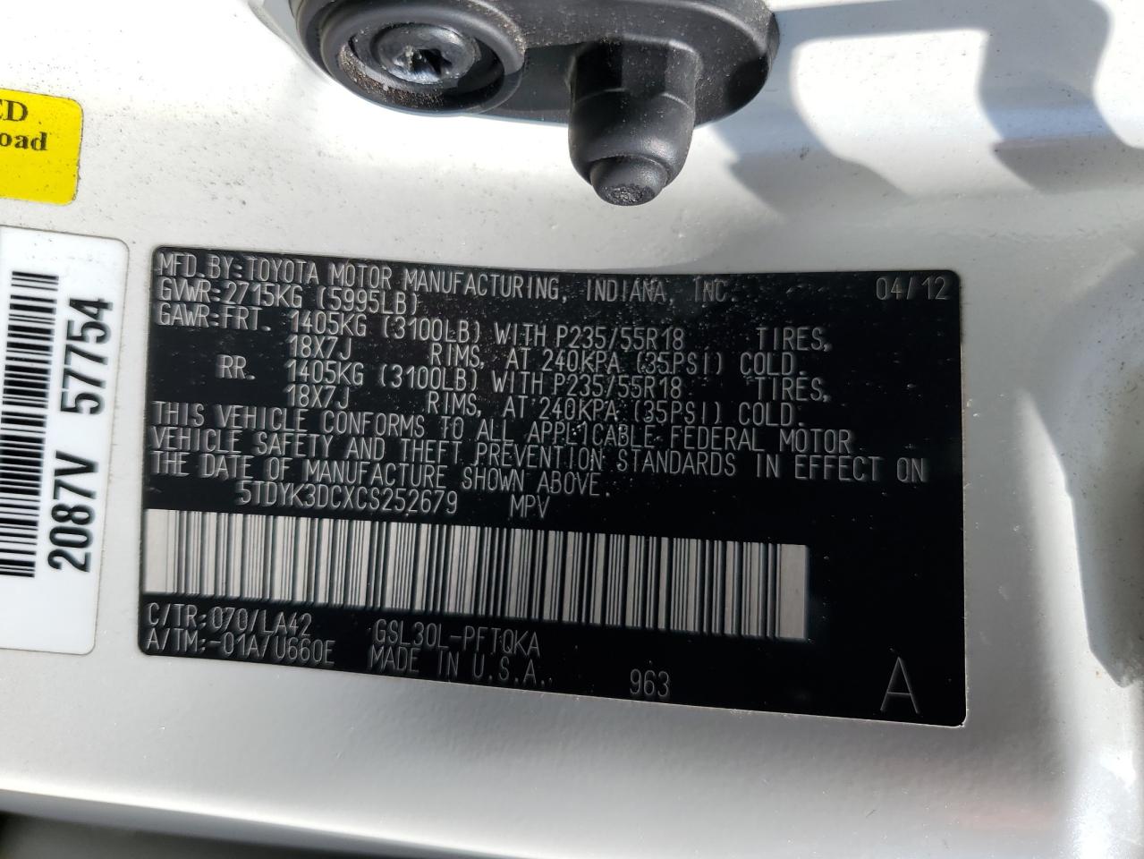 5TDYK3DCXCS252679 2012 Toyota Sienna Xle