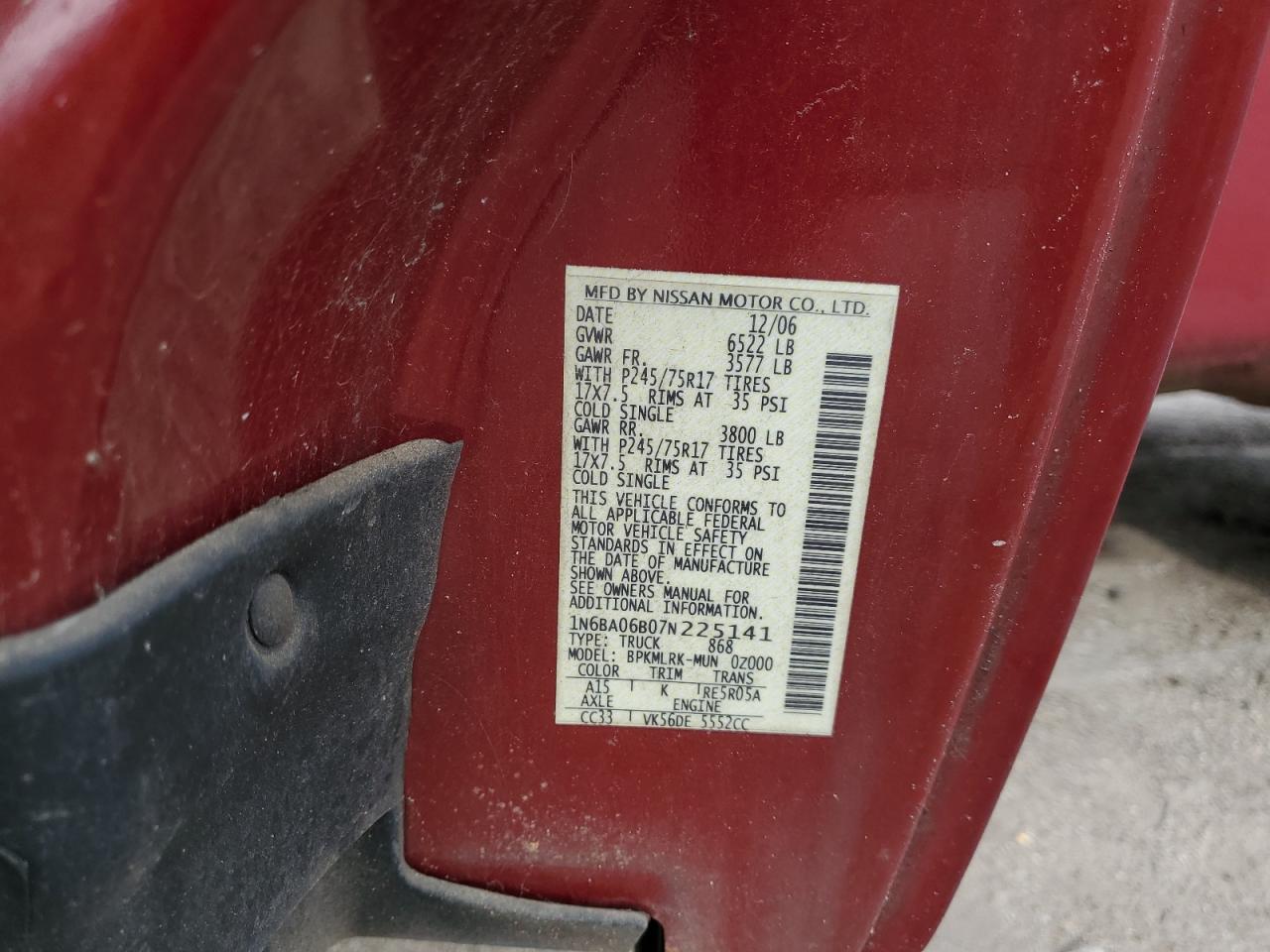 1N6BA06B07N225141 2007 Nissan Titan Xe