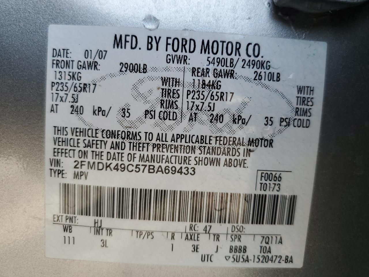 2FMDK49C57BA69433 2007 Ford Edge Sel Plus