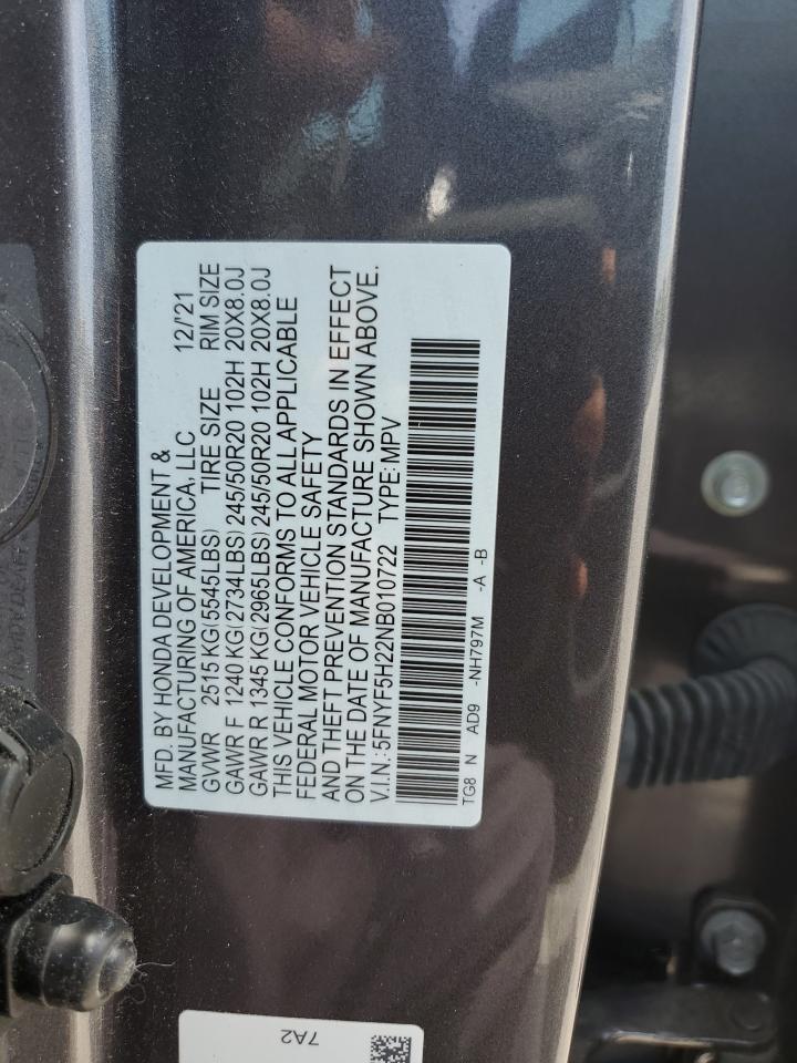 5FNYF5H22NB010722 2022 Honda Pilot Se