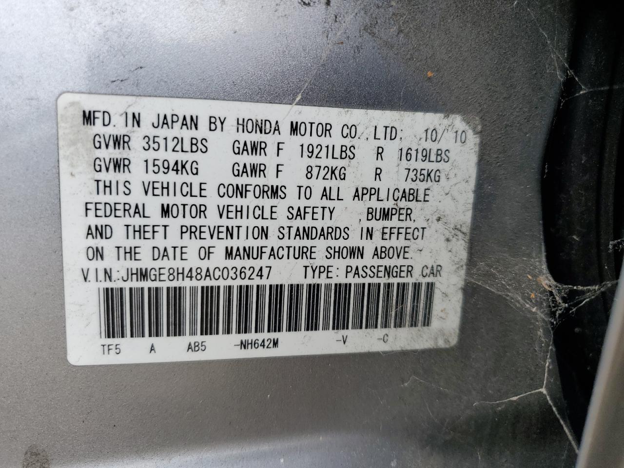 JHMGE8H48AC036247 2010 Honda Fit Sport