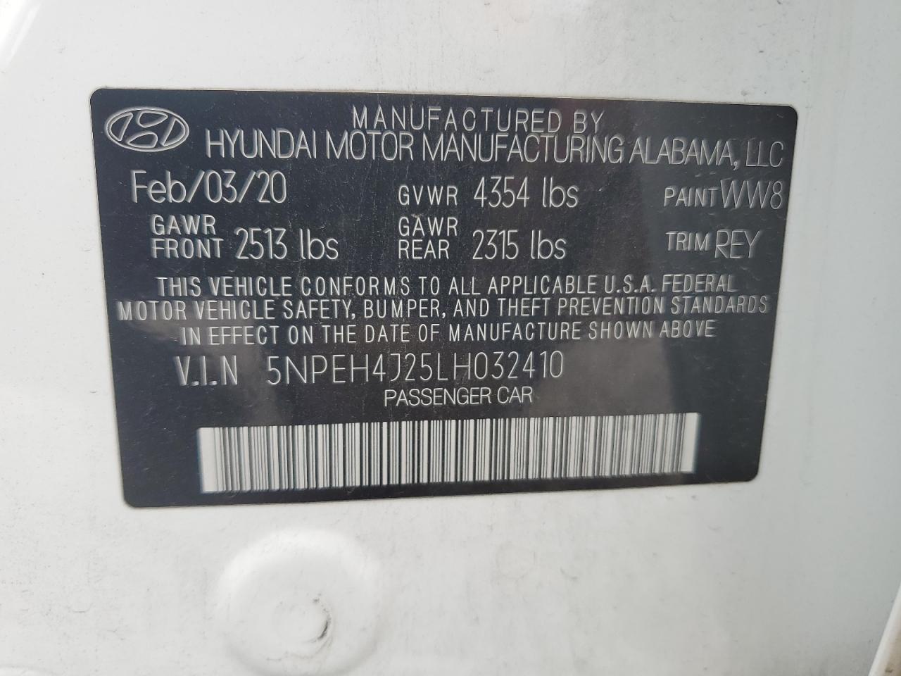 5NPEH4J25LH032410 2020 Hyundai Sonata Limited