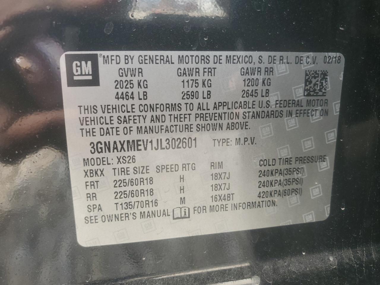3GNAXMEV1JL302601 CHEVROLET EQUINOX 2018