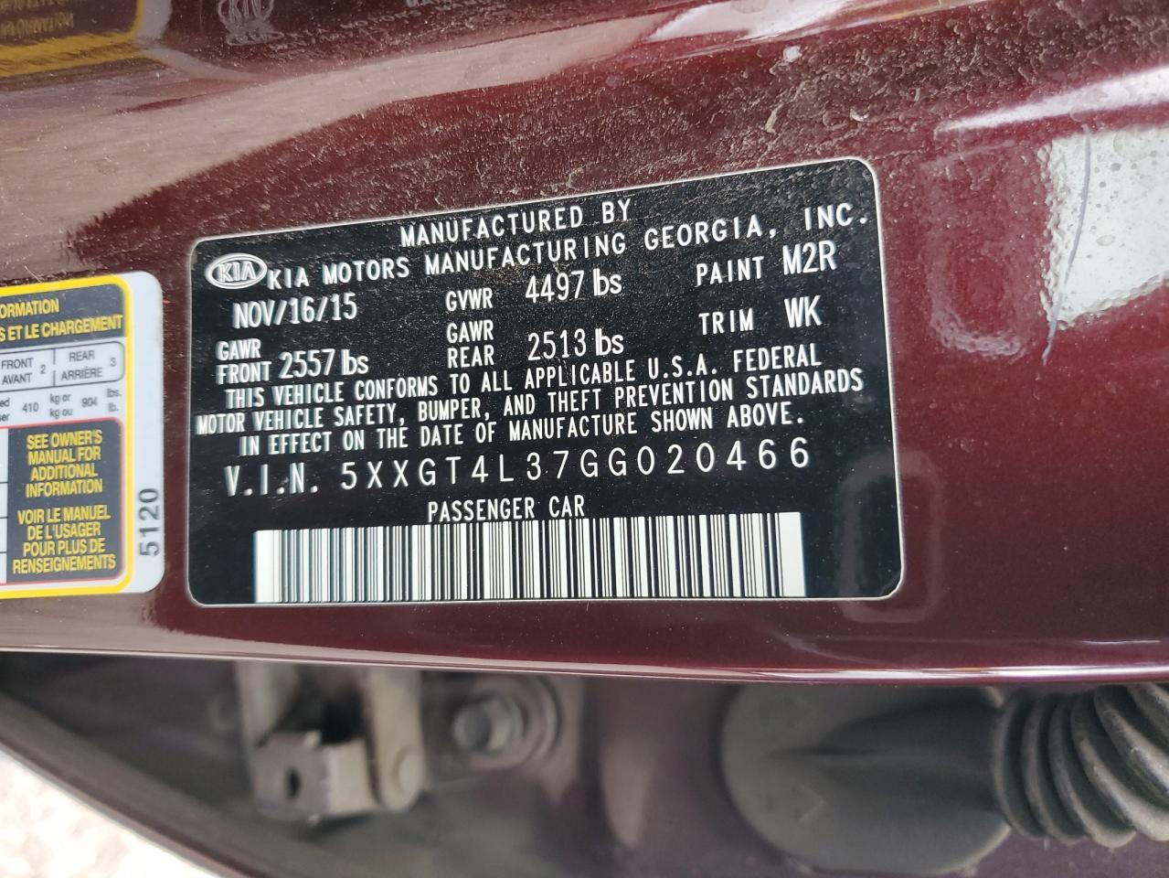 5XXGT4L37GG020466 2016 Kia Optima Lx