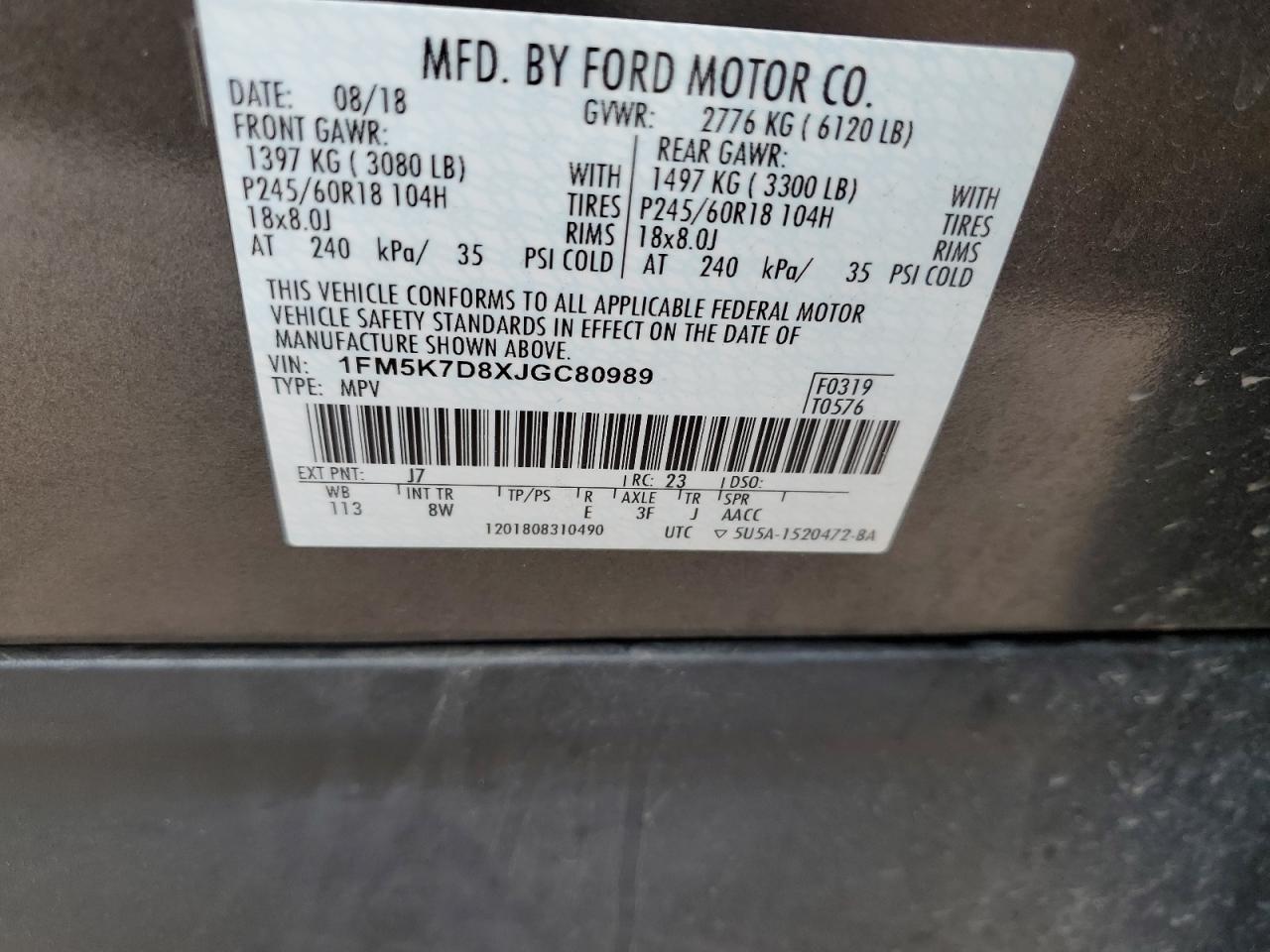 1FM5K7D8XJGC80989 FORD EXPLORER 2018