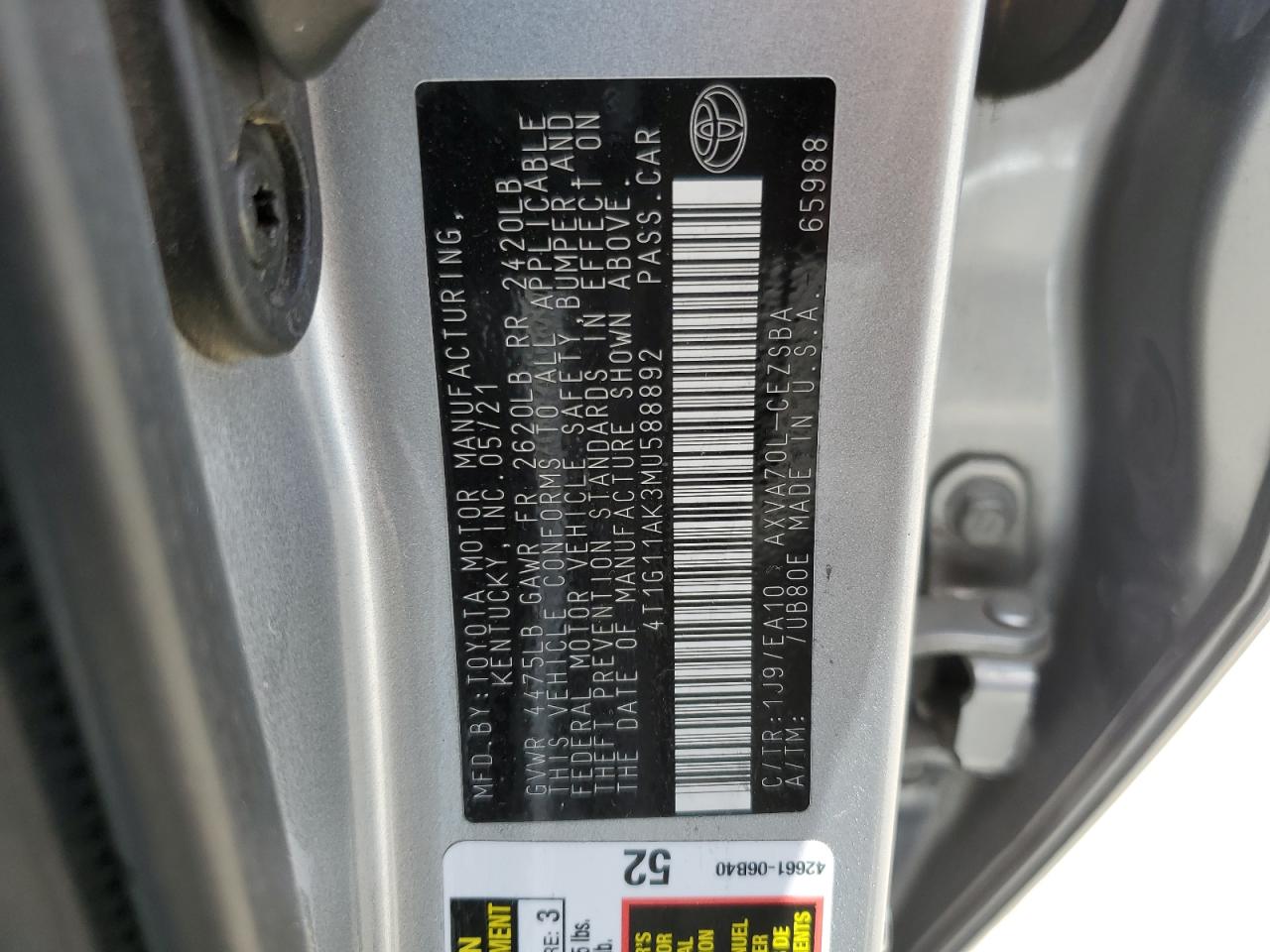 4T1G11AK3MU588892 2021 Toyota Camry Se