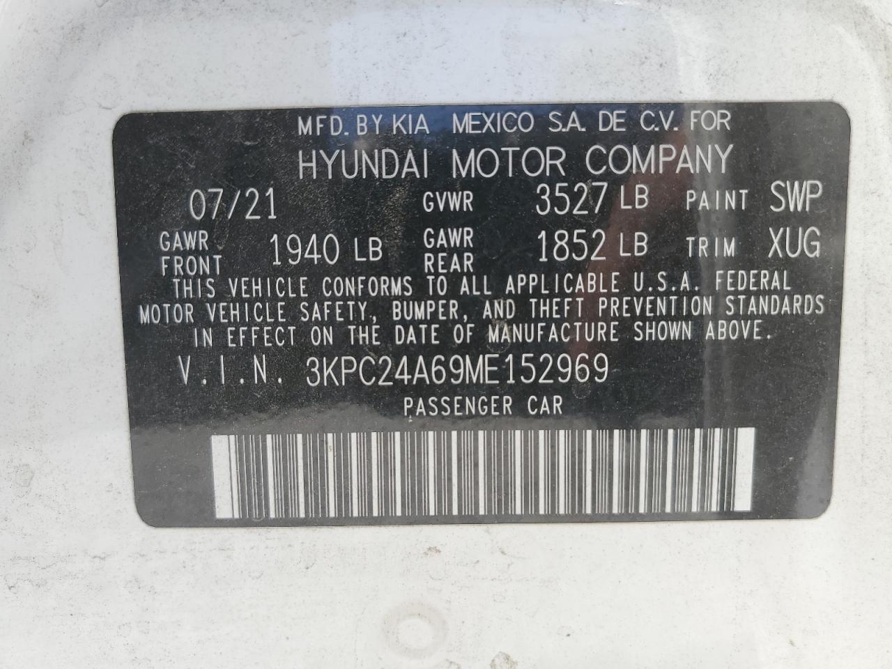 3KPC24A69ME152969 2021 Hyundai Accent Se