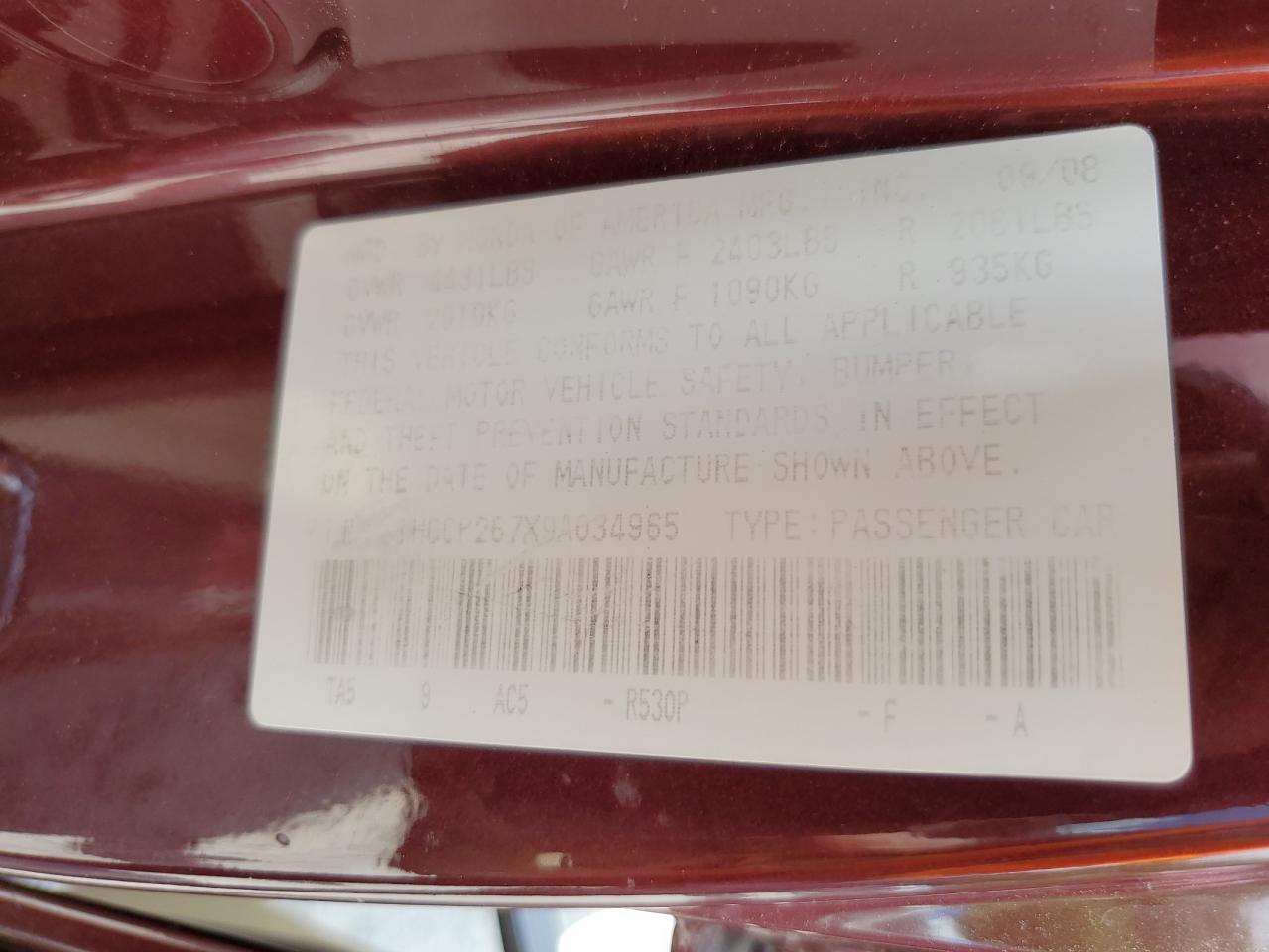 1HGCP267X9A034965 2009 Honda Accord Ex