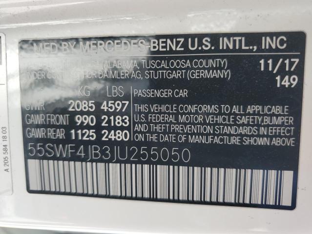 2018 Mercedes-Benz C 300 VIN: 55SWF4JB3JU255050 Lot: 56504504