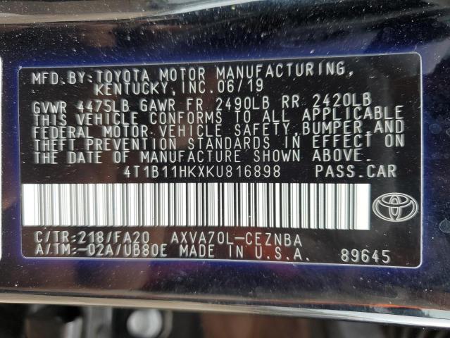 VIN 4T1B11HKXKU816898 2019 Toyota Camry, L no.12