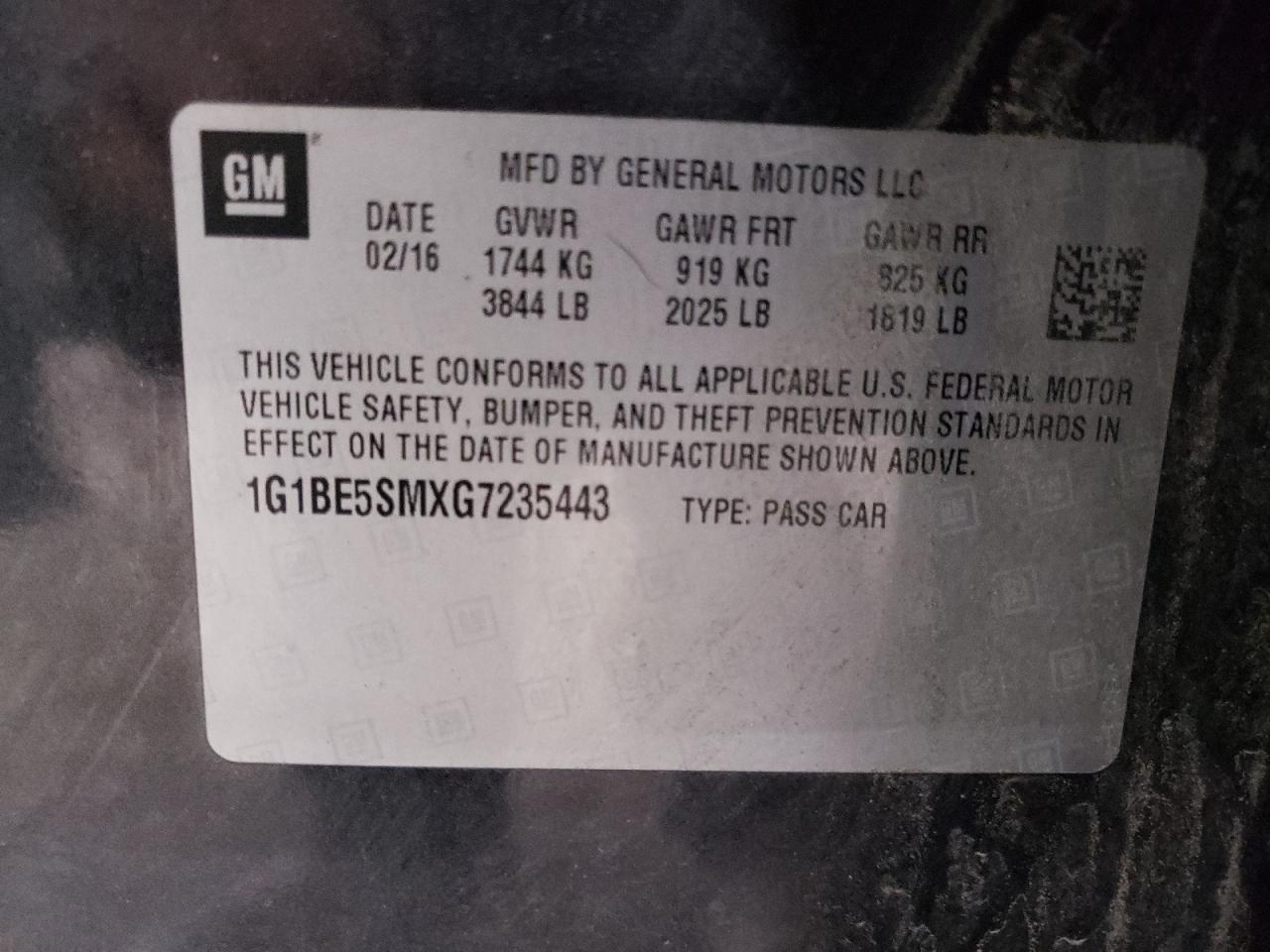 1G1BE5SMXG7235443 CHEVROLET CRUZE 2016