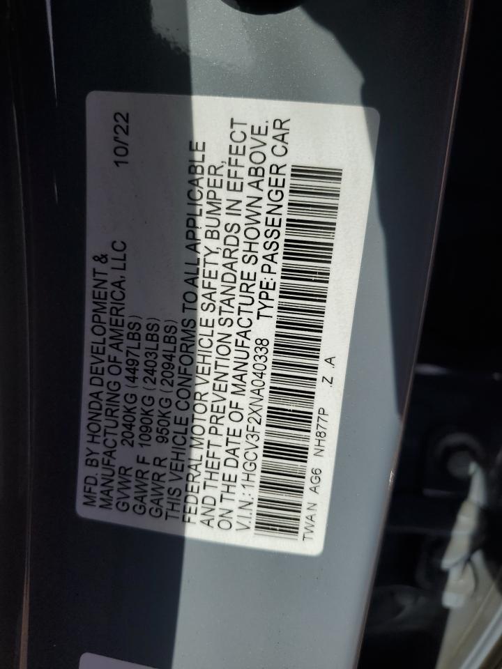 1HGCV3F2XNA040338 2022 Honda Accord Hybrid Sport