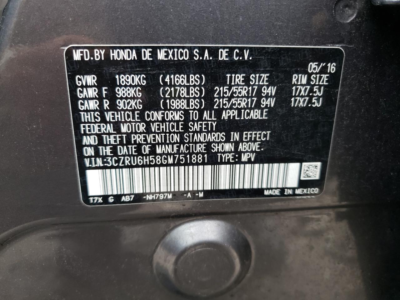 3CZRU6H58GM751881 HONDA HR-V 2016