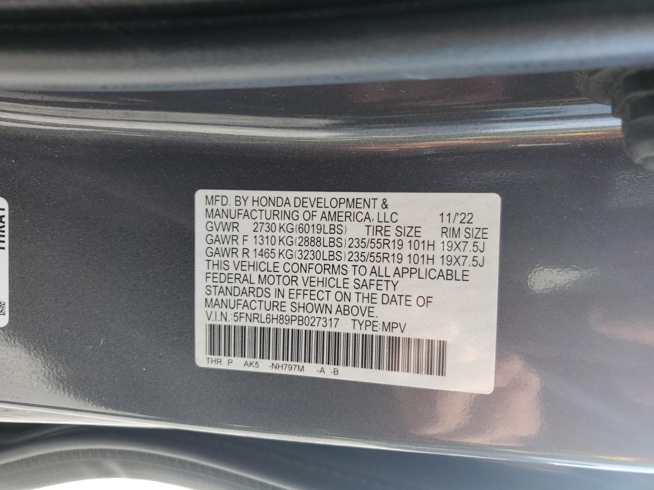 5FNRL6H89PB027317 2023 Honda Odyssey Touring