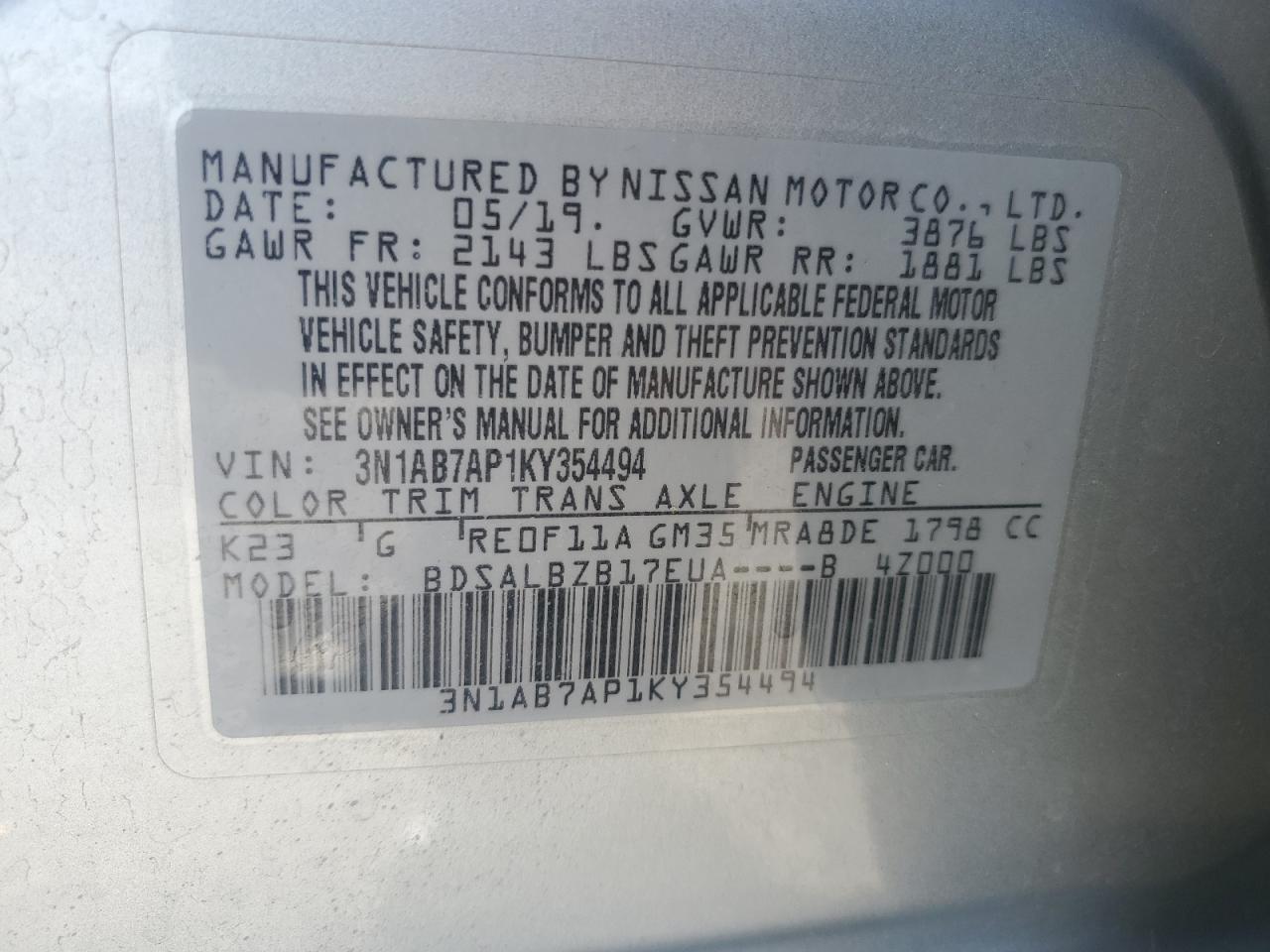 3N1AB7AP1KY354494 NISSAN SENTRA 2019