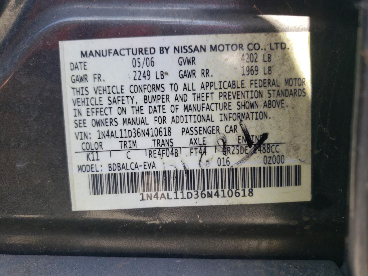 1N4AL11D36N410618 2006 Nissan Altima S