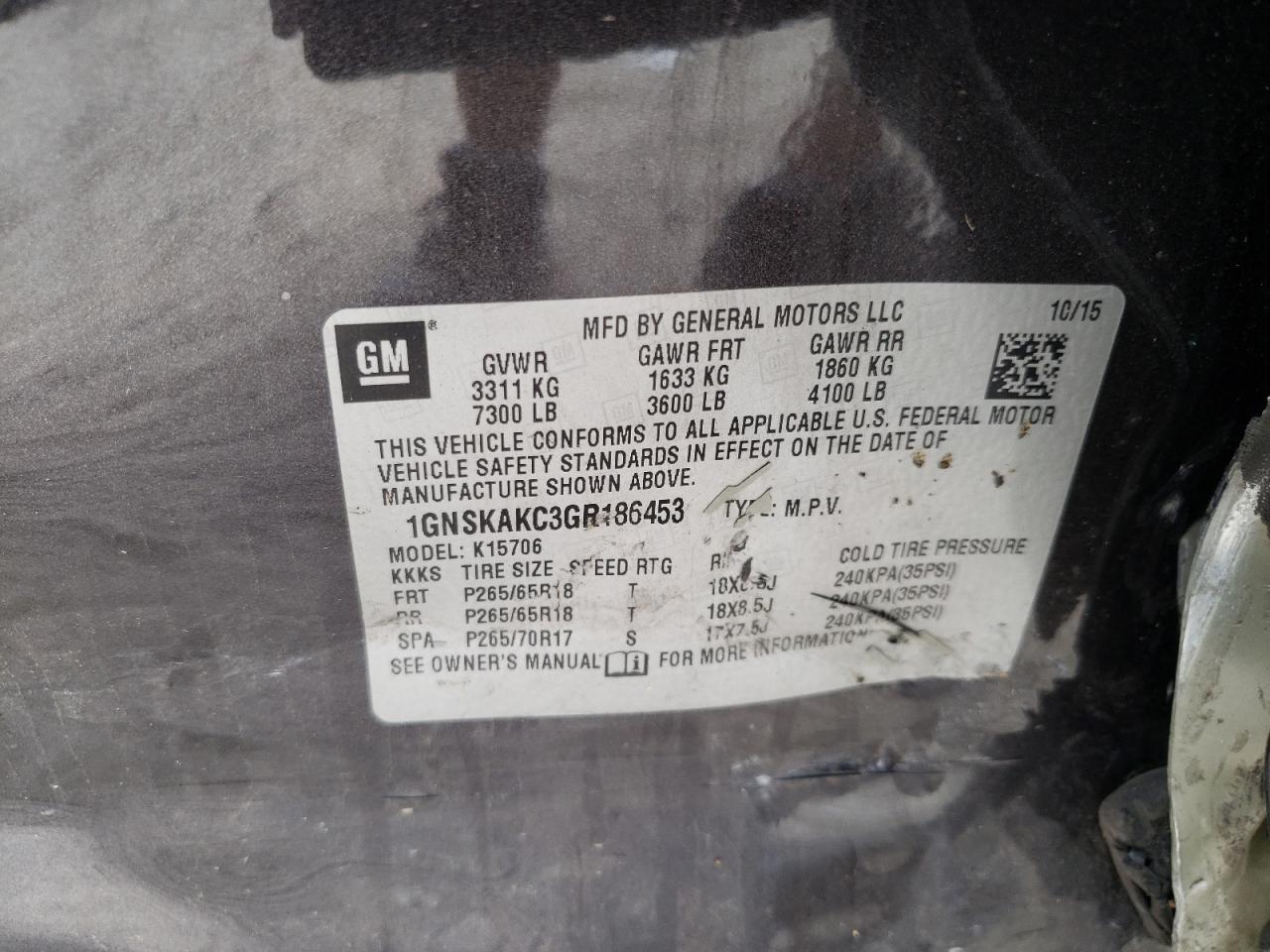 1GNSKAKC3GR186453 2016 Chevrolet Tahoe K1500 Ls
