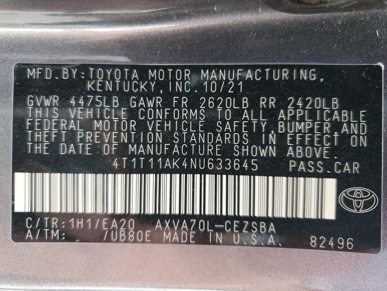 4T1T11AK4NU633645 2022 Toyota Camry Se