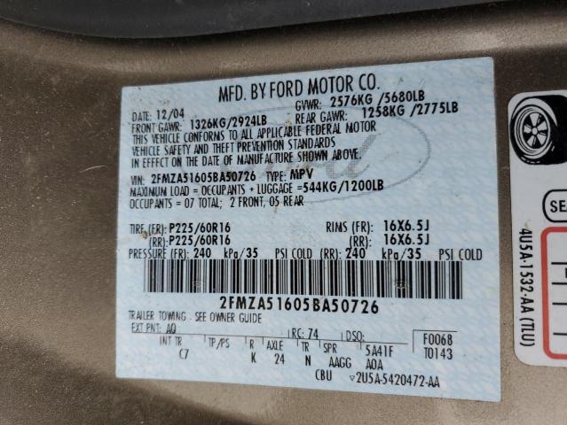 2005 Ford Freestar Se VIN: 2FMZA51605BA50726 Lot: 56620854