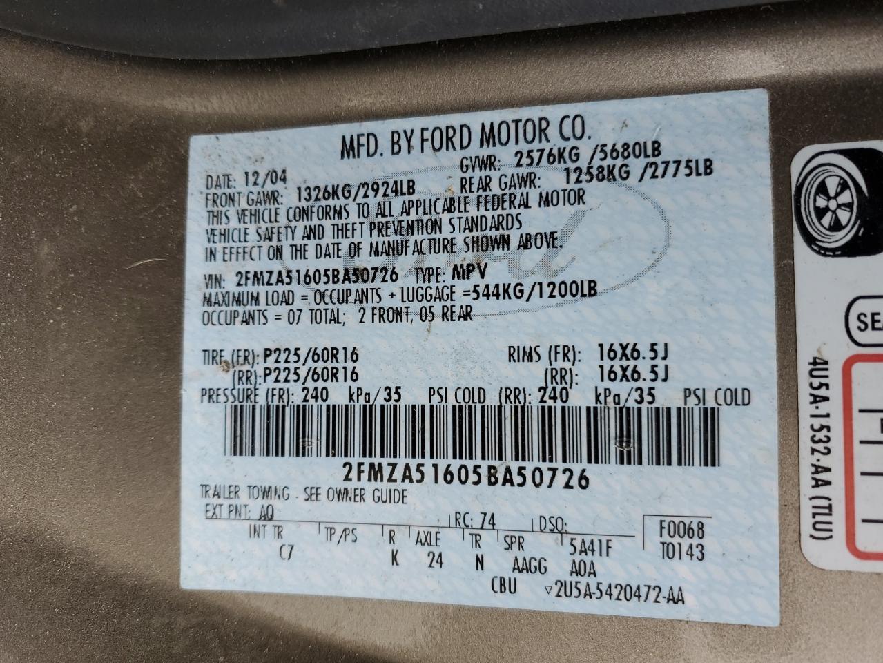 2FMZA51605BA50726 2005 Ford Freestar Se