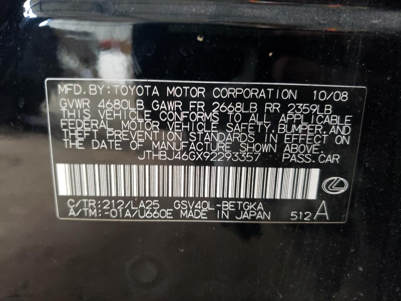 JTHBJ46GX92293357 2009 Lexus Es 350