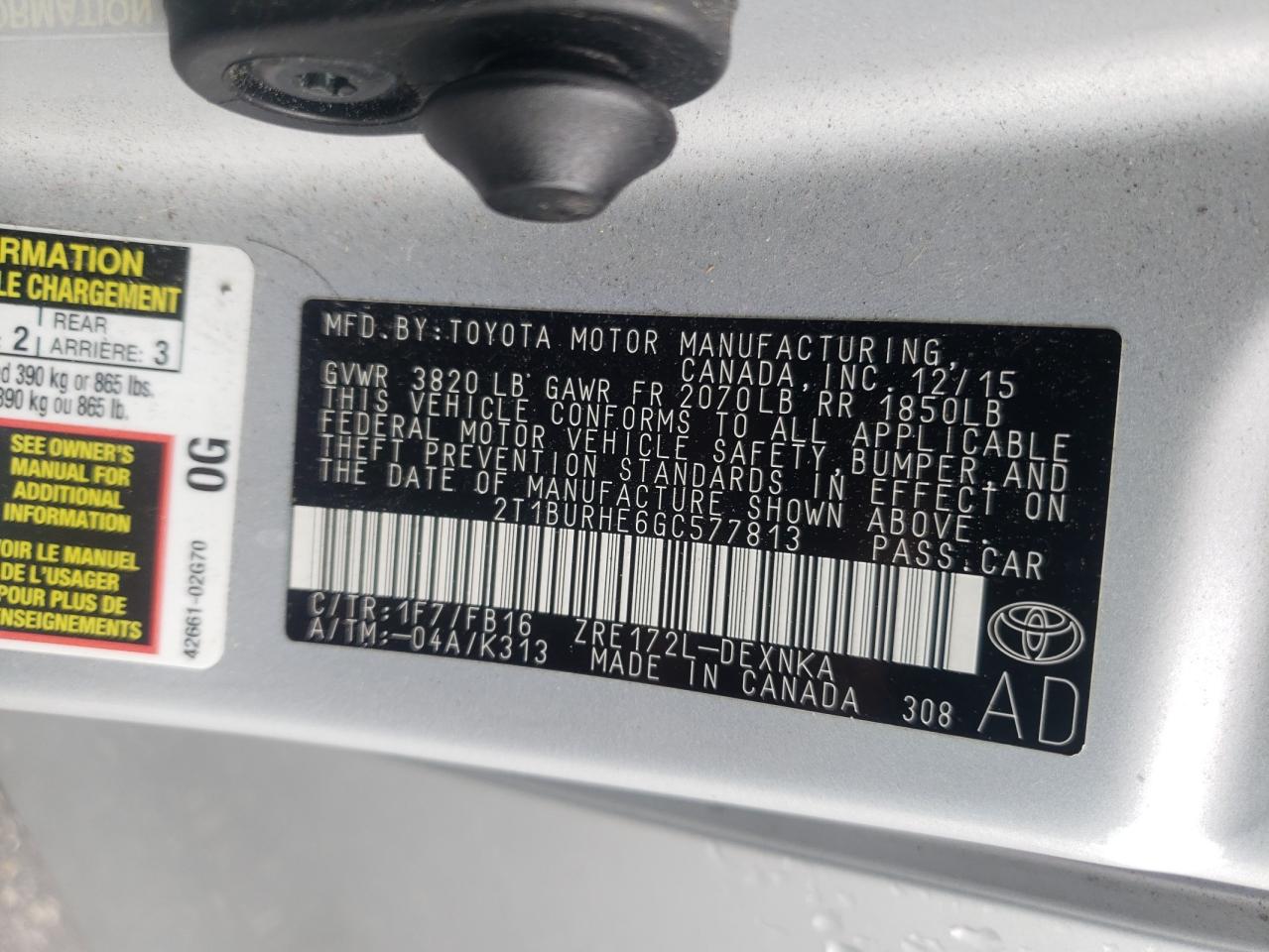 2T1BURHE6GC577813 2016 Toyota Corolla L