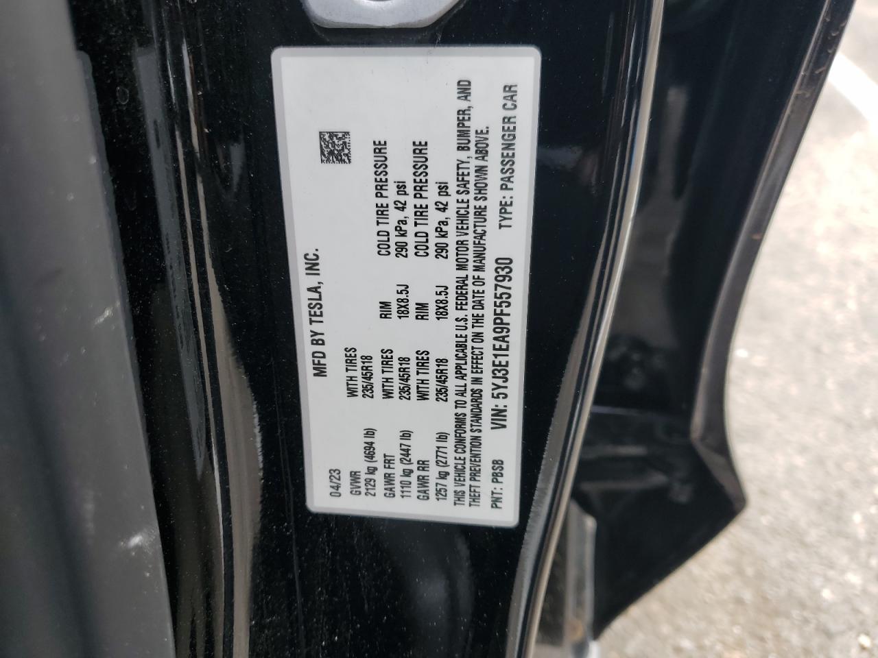 5YJ3E1EA9PF557930 2023 Tesla Model 3