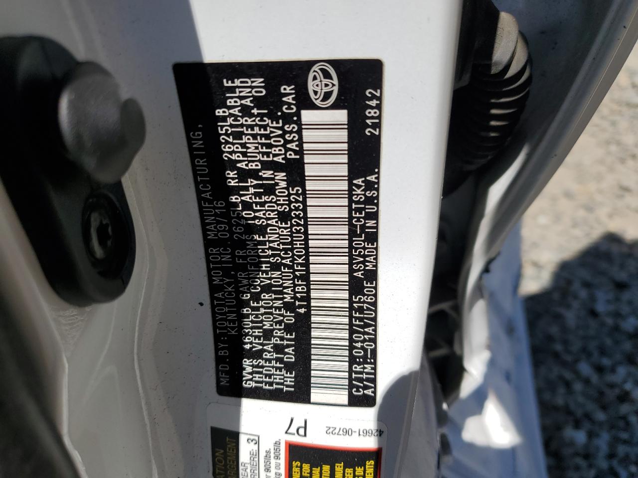 4T1BF1FK0HU323325 TOYOTA CAMRY 2017