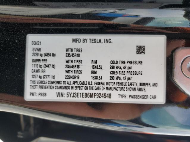 5YJ3E1EB6MF924948 2021 TESLA MODEL 3 - Image 12