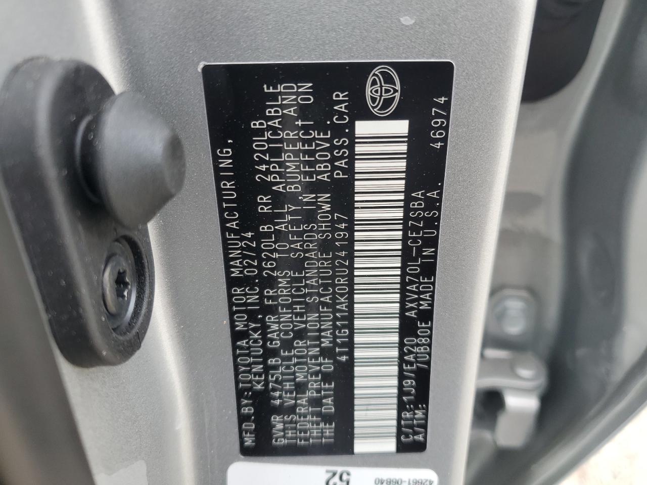 4T1G11AK0RU241947 TOYOTA CAMRY 2024
