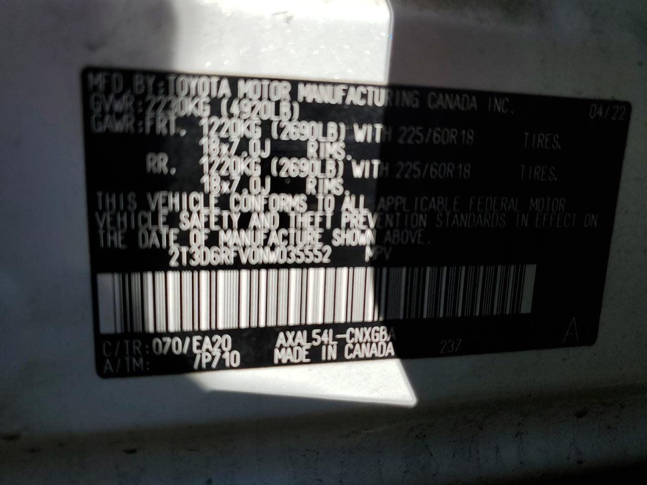 2T3D6RFV0NW035552 2022 Toyota Rav4 Limited