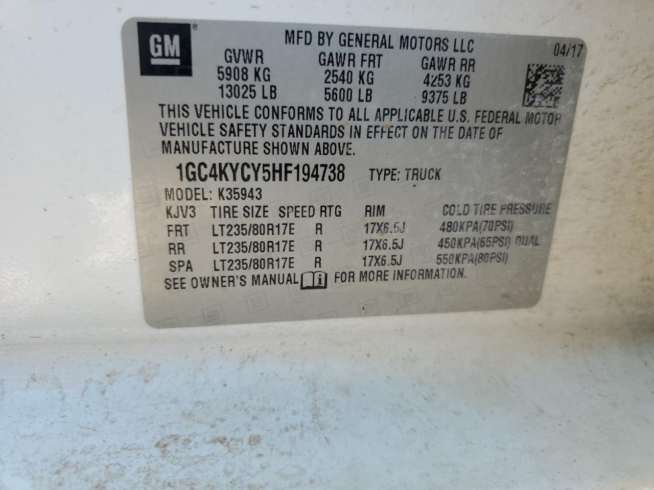 1GC4KYCY5HF194738 CHEVROLET ALL Models 2017